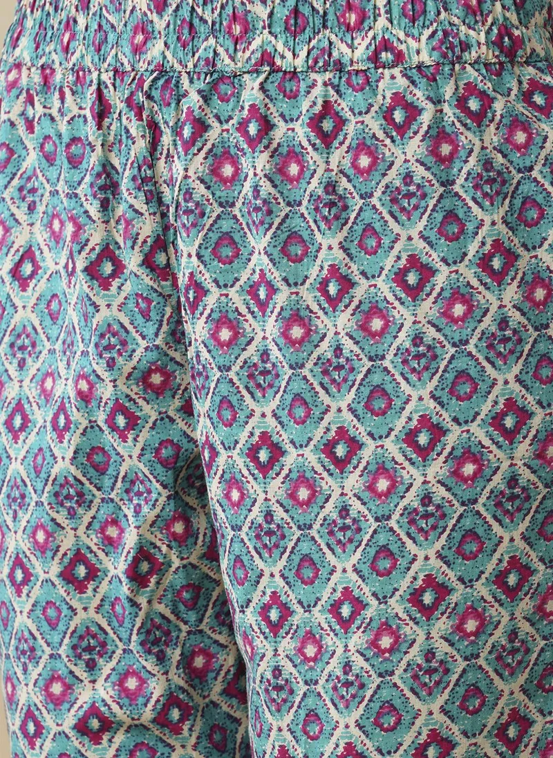 globus Globus Women V-Neck Floral Printed Panelled Pure Cotton A-Line Kurta With Trousers