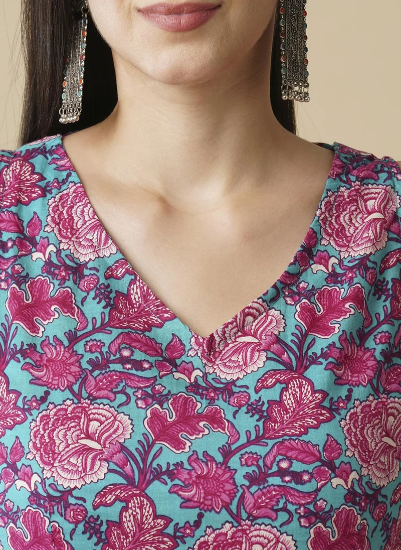 globus Globus Women V-Neck Floral Printed Panelled Pure Cotton A-Line Kurta With Trousers