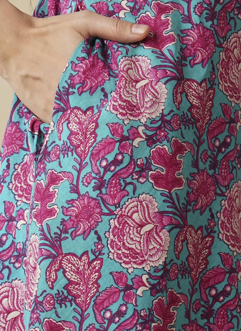 globus Globus Women V-Neck Floral Printed Panelled Pure Cotton A-Line Kurta With Trousers