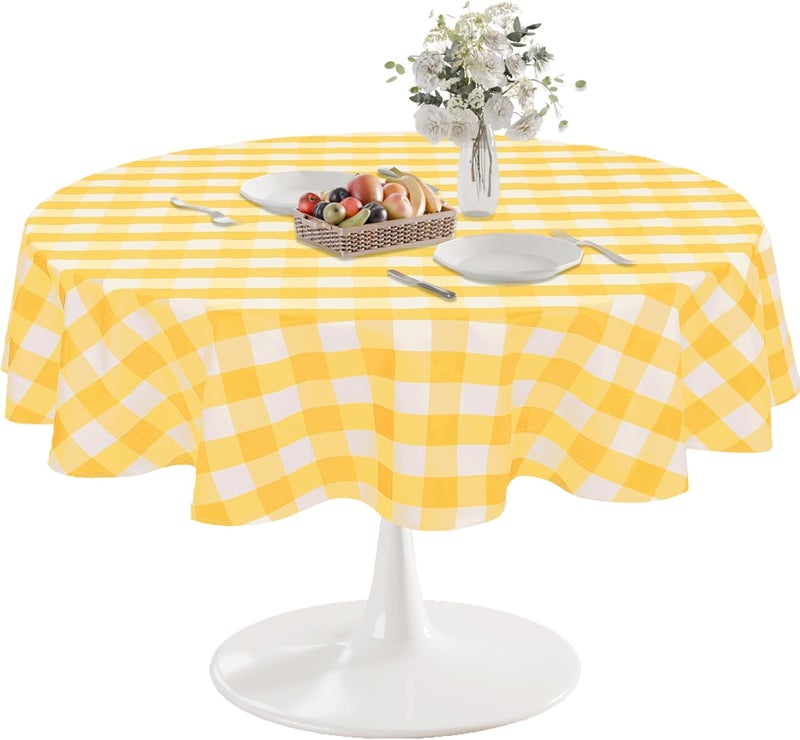 DWCN Checkered Tablecloth, Round, 160 cm, Washable, Weatherproof, Stain Protection, Waterproof, for Outdoor, Picnic, Dining Room, Garden, Party, Weddings, Yellow and White - Image 1