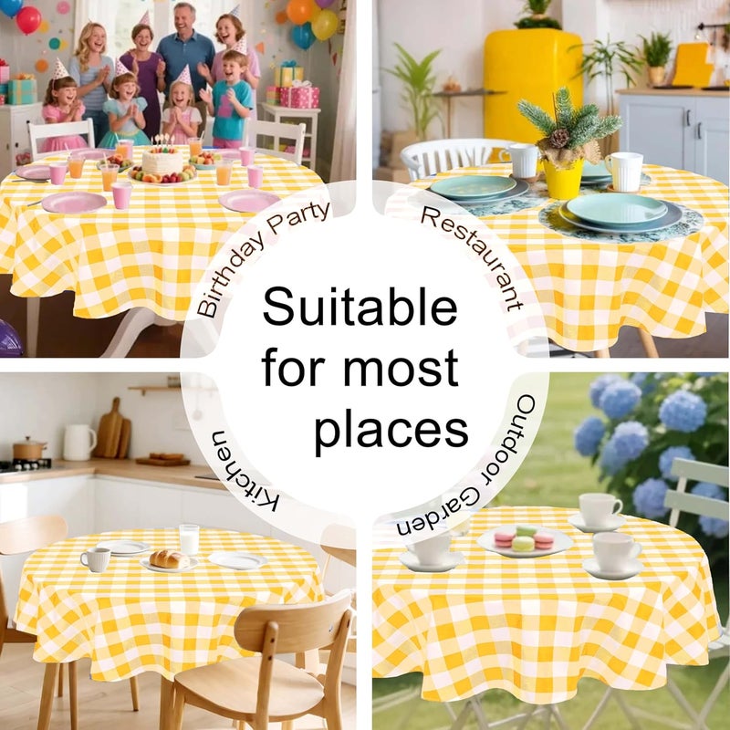DWCN Checkered Tablecloth, Round, 160 cm, Washable, Weatherproof, Stain Protection, Waterproof, for Outdoor, Picnic, Dining Room, Garden, Party, Weddings, Yellow and White - Image 5