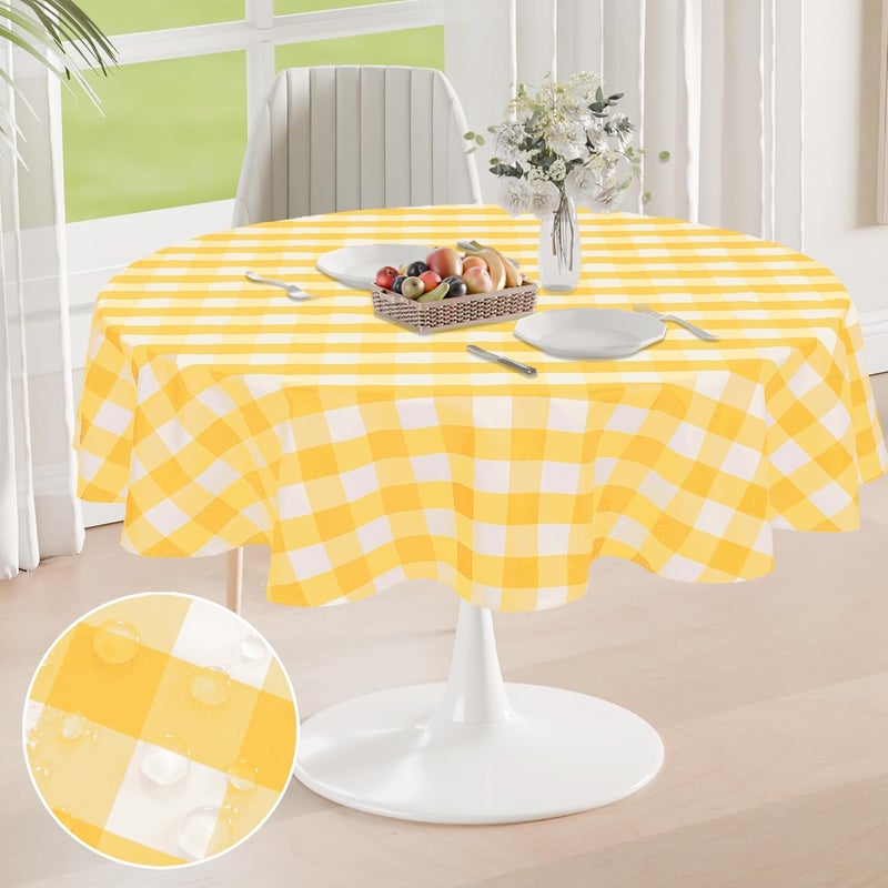 DWCN Checkered Tablecloth, Round, 160 cm, Washable, Weatherproof, Stain Protection, Waterproof, for Outdoor, Picnic, Dining Room, Garden, Party, Weddings, Yellow and White - Image 2