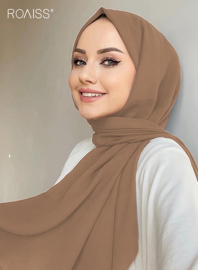 roaiss Solid-Color Muslim Shawl Polyester Pleated Long Scarf Stylish and Elegant Headscarf Women's Graceful Lightweight Everyday Headscarf - Image 1