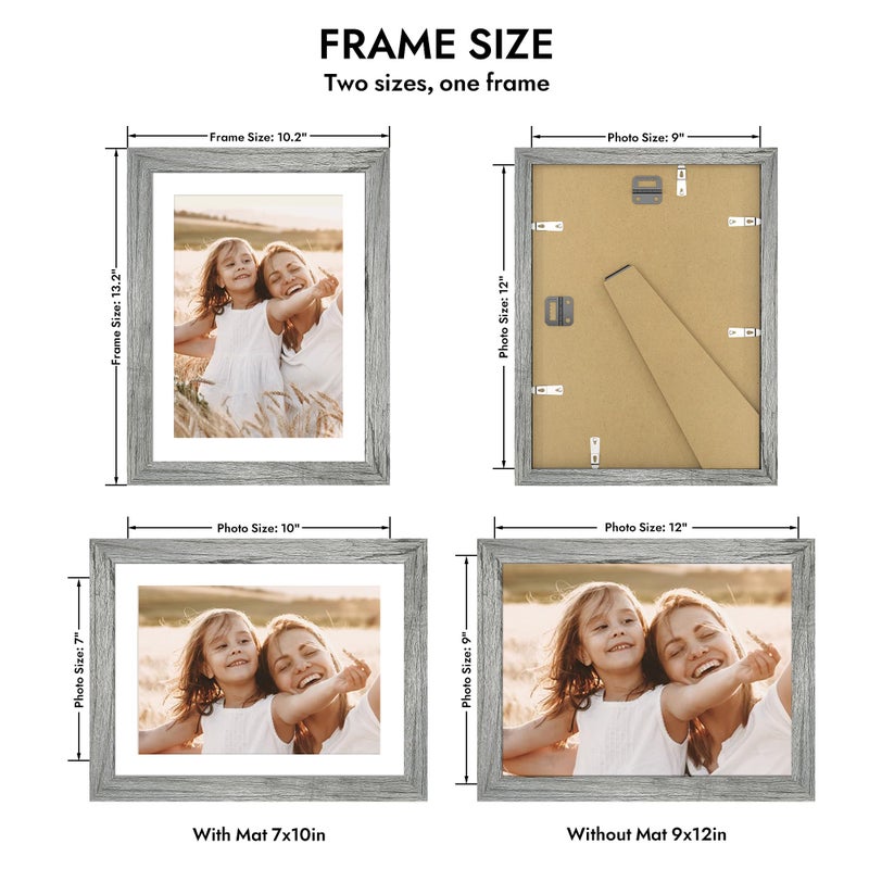 Hongkee 9x12 Picture Frame with Glass, Display Pictures 7x10 with Mat or 9 x 12 without Mat - Wall and Tabletop, 9 by 12 Photo Wooden Frames (Grey, 1 Pack) - Image 2