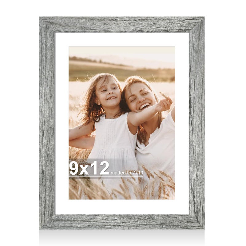 Hongkee 9x12 Picture Frame with Glass, Display Pictures 7x10 with Mat or 9 x 12 without Mat - Wall and Tabletop, 9 by 12 Photo Wooden Frames (Grey, 1 Pack) - Image 1