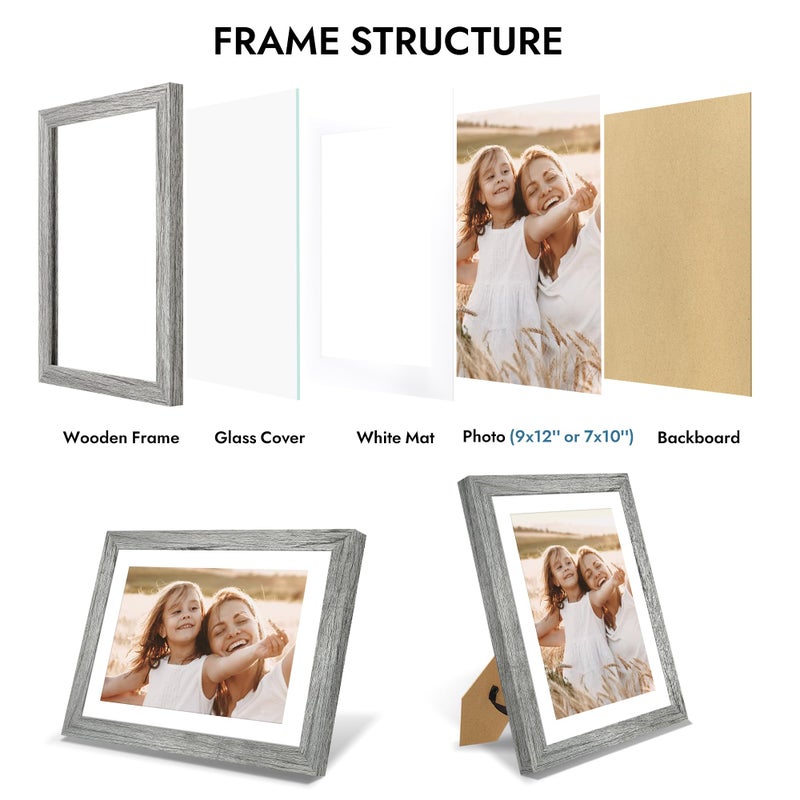Hongkee 9x12 Picture Frame with Glass, Display Pictures 7x10 with Mat or 9 x 12 without Mat - Wall and Tabletop, 9 by 12 Photo Wooden Frames (Grey, 1 Pack) - Image 5