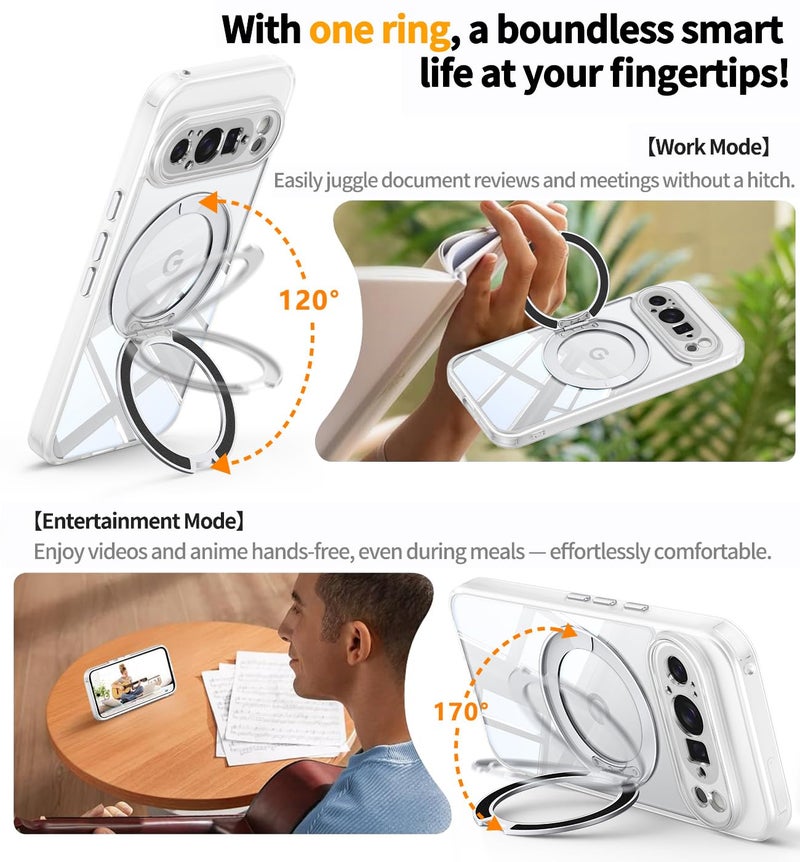 WASTROYAL 【360°Spin Magnetic Stand】 Case for Pixel 10 Pro XL【Fit for MagSafe & Pixelsnap】 Cover with Ring Holder【Crystal Clear】 Camera Protection Phone Google 10 Pro XL Cases - Clear - Image 2