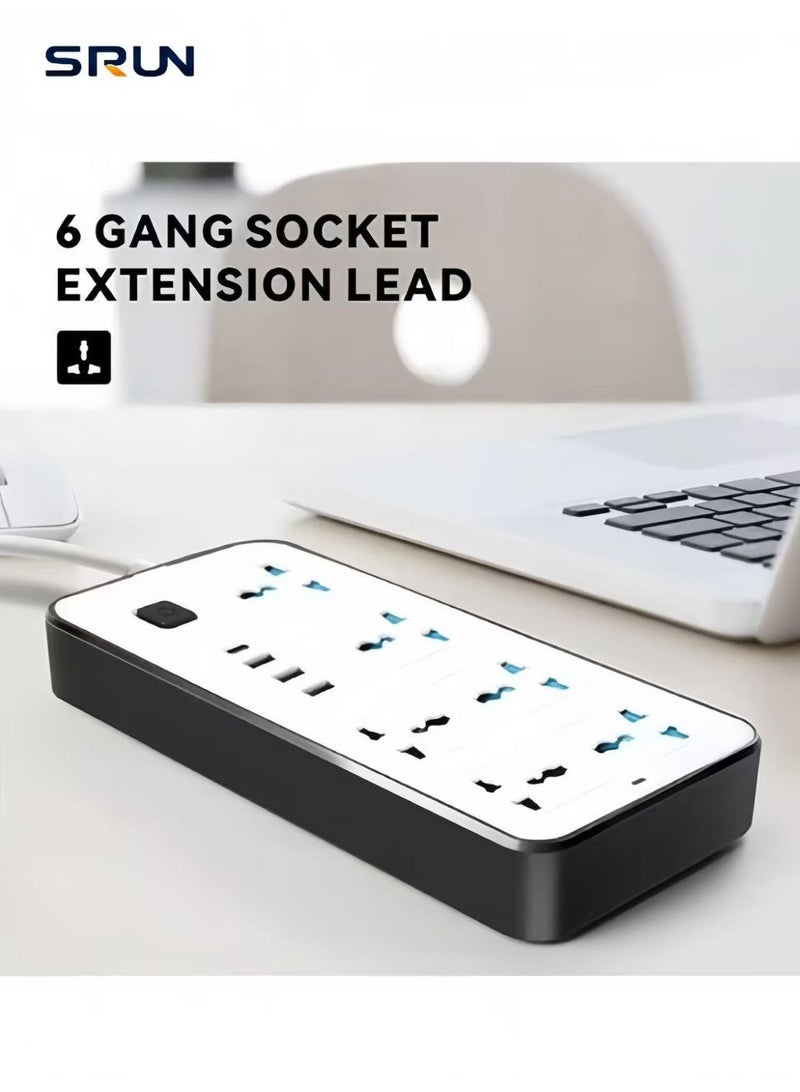 Universal Power Strip Extension Socket with 6 AC Outlets, 3 USB Ports & Type-C Fast Charging, 2M Heavy Duty Cable, Surge Protection Multi Plug Power Extension for Home Office Travel, White - Image 2