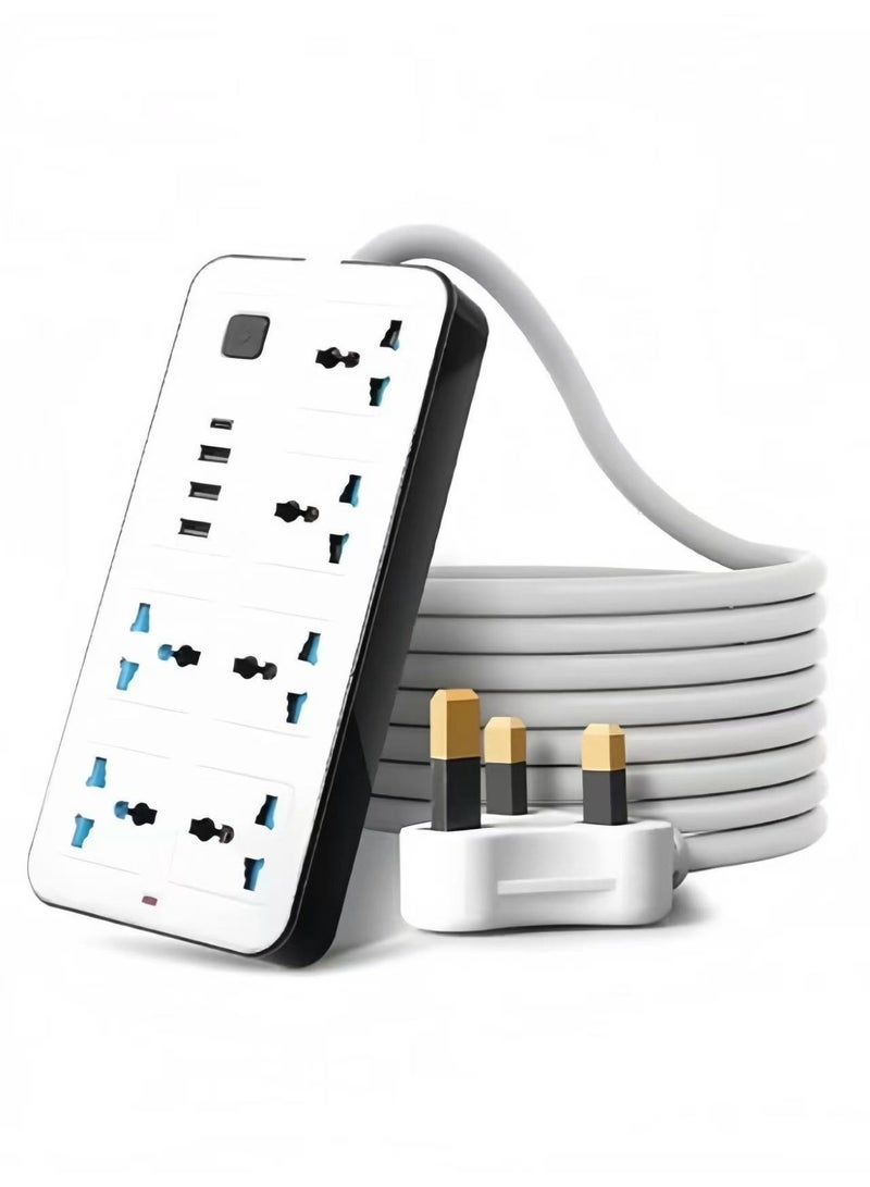 Universal Power Strip Extension Socket with 6 AC Outlets, 3 USB Ports & Type-C Fast Charging, 2M Heavy Duty Cable, Surge Protection Multi Plug Power Extension for Home Office Travel, White - Image 1