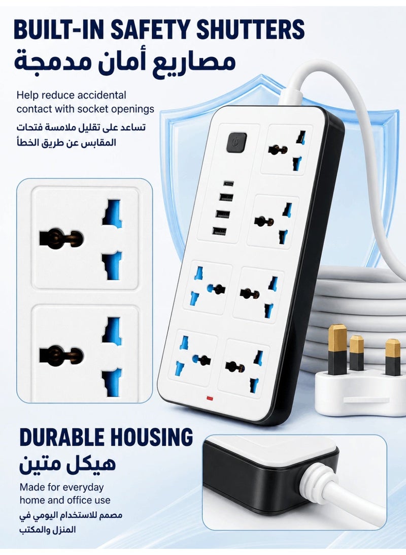 Universal Power Strip Extension Socket with 6 AC Outlets, 3 USB Ports & Type-C Fast Charging, 2M Heavy Duty Cable, Surge Protection Multi Plug Power Extension for Home Office Travel, White - Image 4