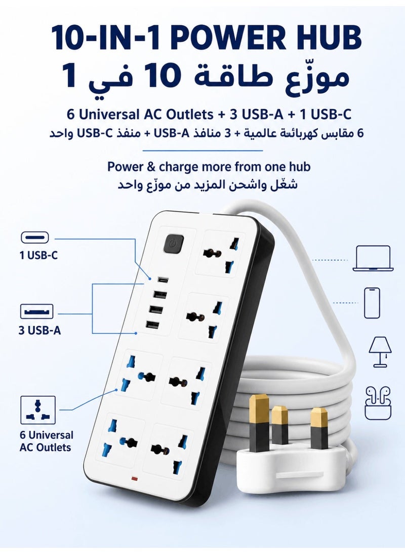 Universal Power Strip Extension Socket with 6 AC Outlets, 3 USB Ports & Type-C Fast Charging, 2M Heavy Duty Cable, Surge Protection Multi Plug Power Extension for Home Office Travel, White - Image 2