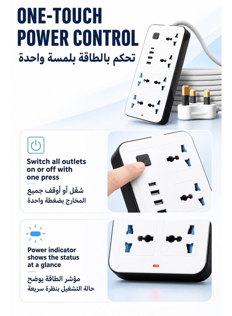 Universal Power Strip Extension Socket with 6 AC Outlets, 3 USB Ports & Type-C Fast Charging, 2M Heavy Duty Cable, Surge Protection Multi Plug Power Extension for Home Office Travel, White - Image 3