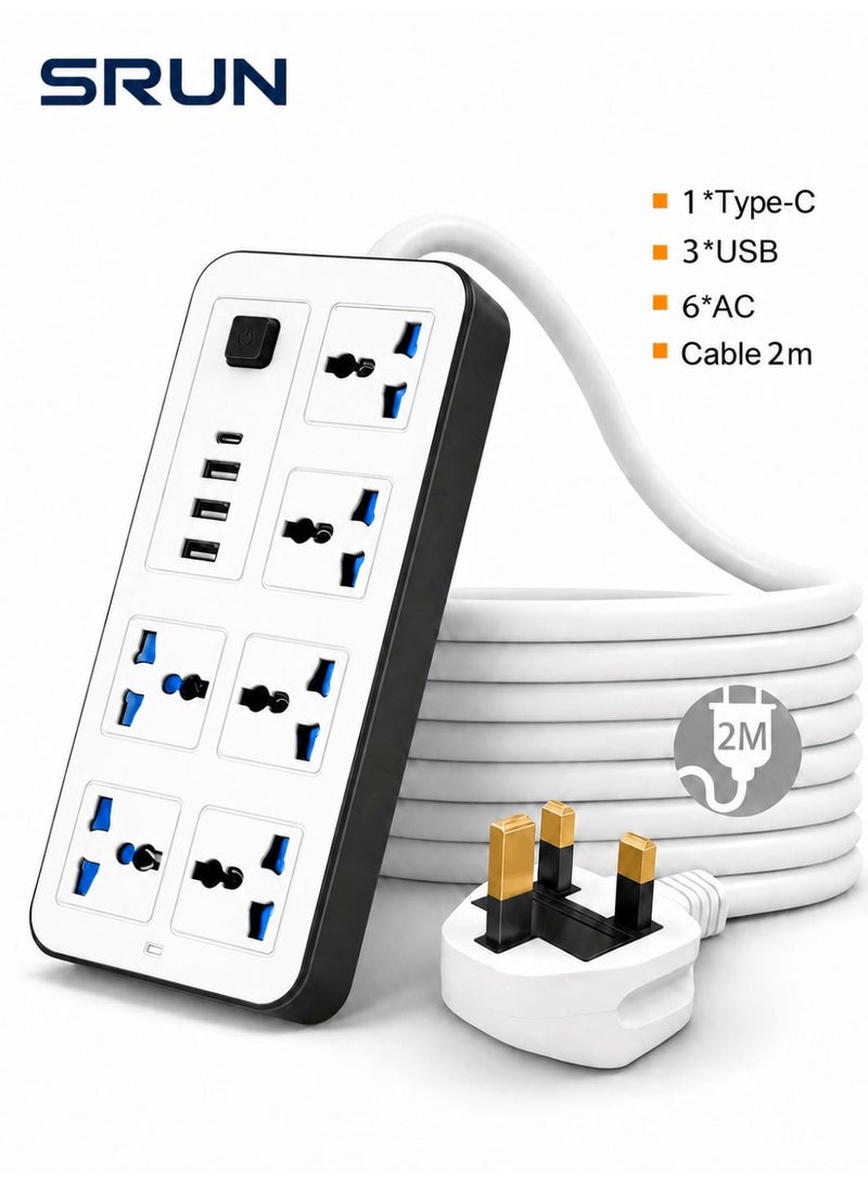 Universal Power Strip Extension Socket with 6 AC Outlets, 3 USB Ports & Type-C Fast Charging, 2M Heavy Duty Cable, Surge Protection Multi Plug Power Extension for Home Office Travel, White - Image 1