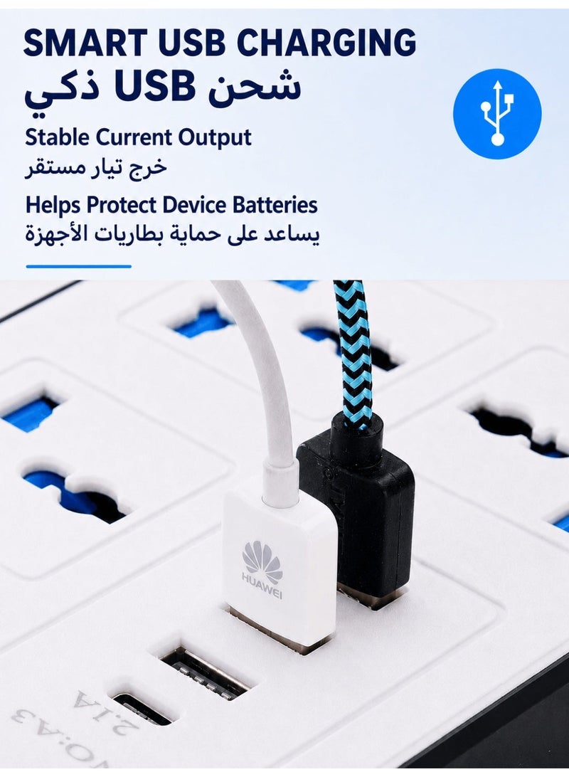 Universal Power Strip Extension Socket with 6 AC Outlets, 3 USB Ports & Type-C Fast Charging, 2M Heavy Duty Cable, Surge Protection Multi Plug Power Extension for Home Office Travel, White - Image 5