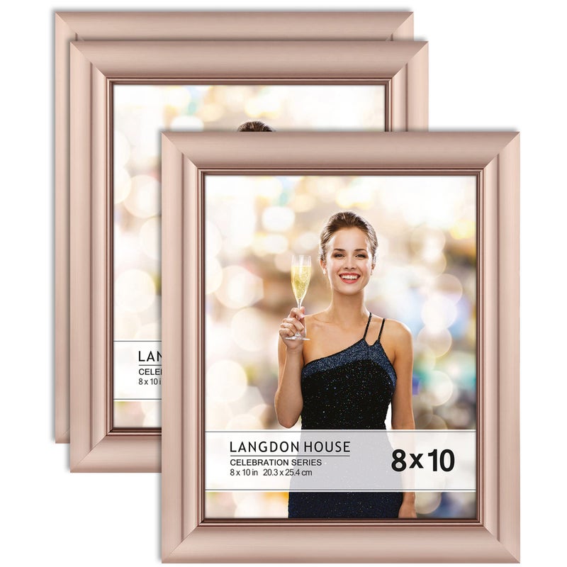 Langdon House 8x10 Picture Frames Rose Gold 3 Pack Contemporary Glam Photo Frames 8 x 10 Wall Mount or Table Top Celebration Collection