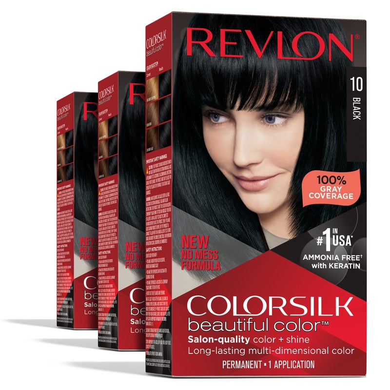 Revlon Permanent Hair Color, Permanent Hair Dye, Colorsilk with 100% Gray Coverage, Ammonia-Free, Keratin and Amino Acids, 10 Black, 4.4 Oz (Pack of 3) - Image 1