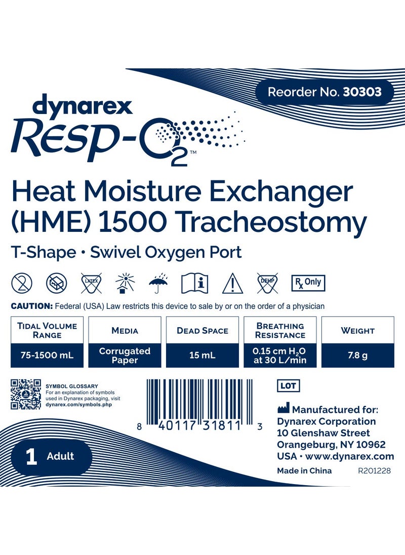 Dynarex Dynarex 30303 Series Resp02 Trach HME 1500 TShape Tracheostomy Heat Moisture Exchanger with Swivel O2 Port Pack of 50  - Image 2