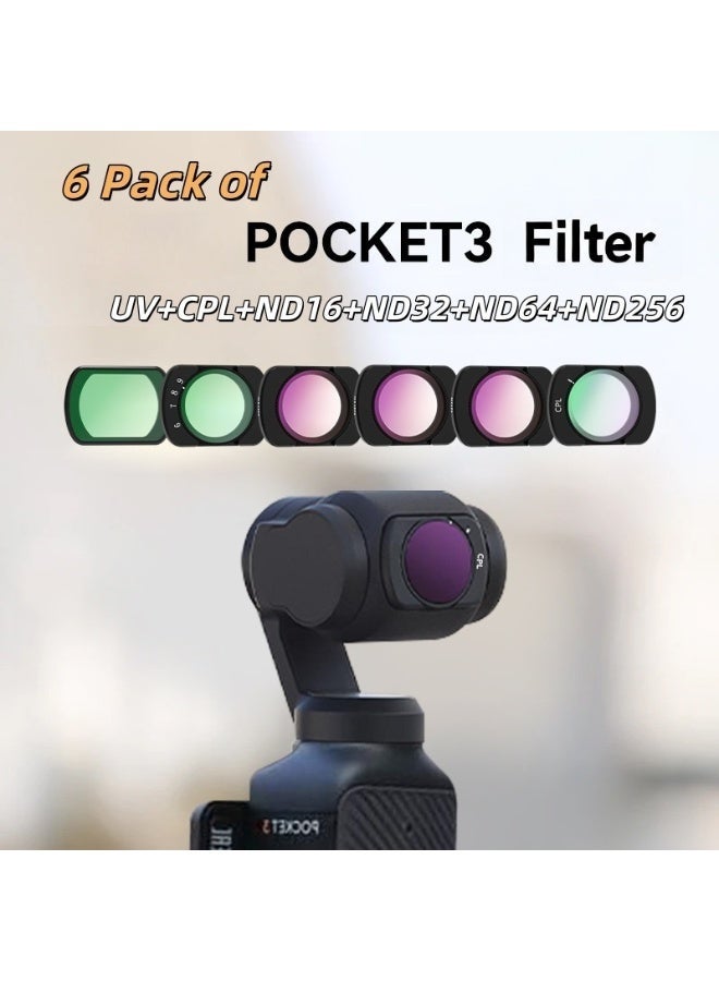 Infi-vo 6 Pack of Osmo Pocket 3 Lens Filter Kit，UV/CPL/ND Filter Set Compatible with DJI Osmo Pocket 3, 6 Pack Magnetic UV+CPL+ND16+ND32+ND64+ND256 Protection Polarizer Neutral Density Filters, Multi Coated HD Optical Glass - Image 1