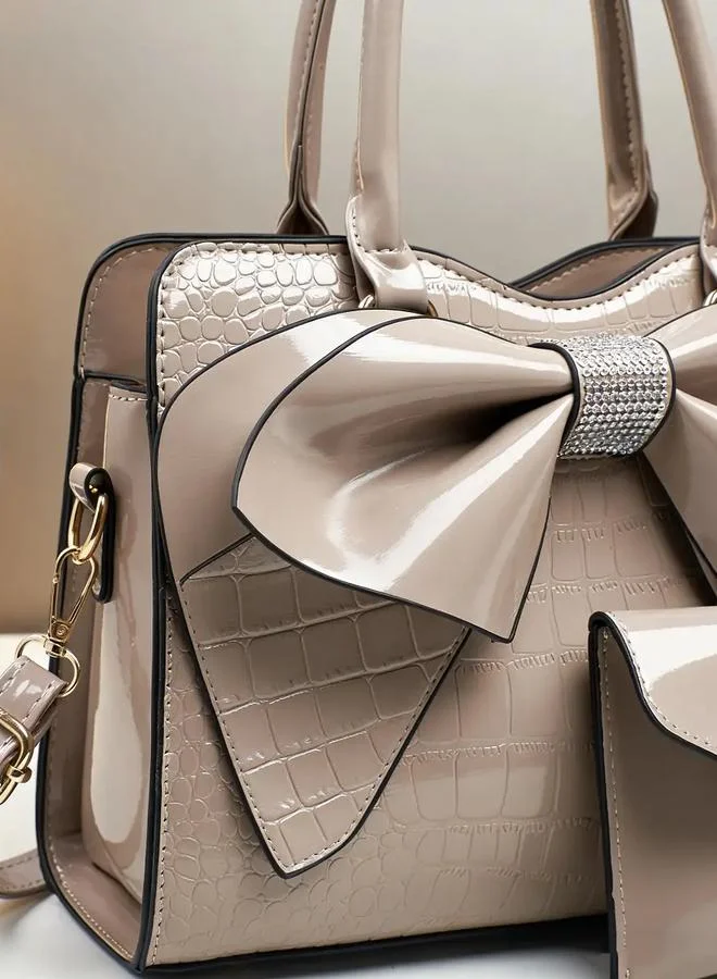 Take Two  Beige Croc-Embossed Bow Handbag with Purse for Women | Best Price UAE