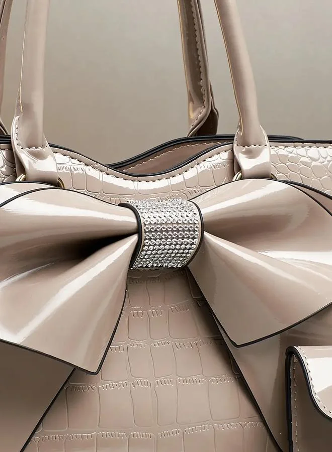 Take Two  Beige Croc-Embossed Bow Handbag with Purse for Women | Best Price UAE