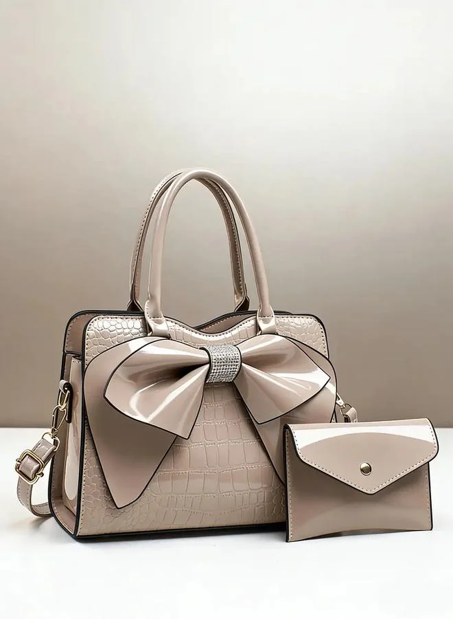 Take Two Beige Croc-Embossed Bow Handbag with Purse