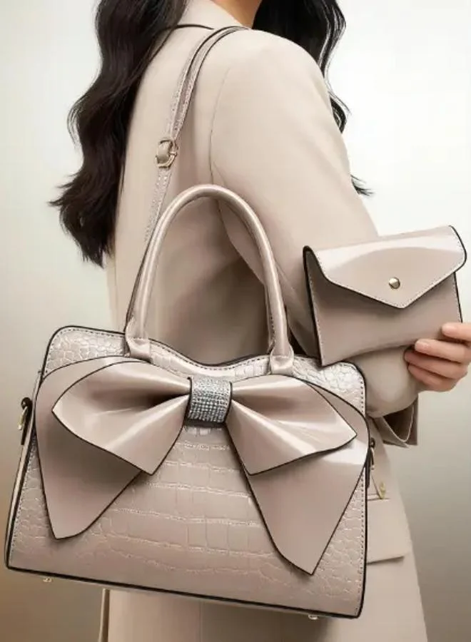 Take Two Beige Croc-Embossed Bow Handbag with Purse