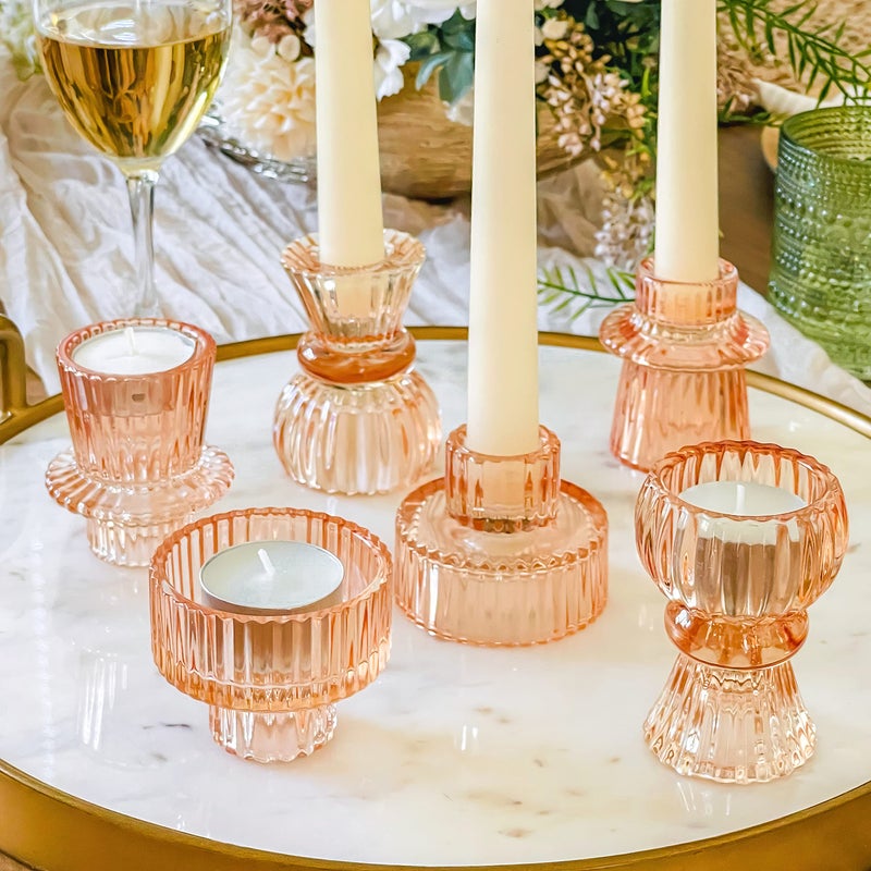 Kate Aspen Doube Sided Vintage Ribbed Rose Gold Pink Glass Candlestick Holders Pillar Candle Tealight  Votive Candle Holders Set of 6 3 Sizes Dining Table Decor Shelf Decor Centerpiece