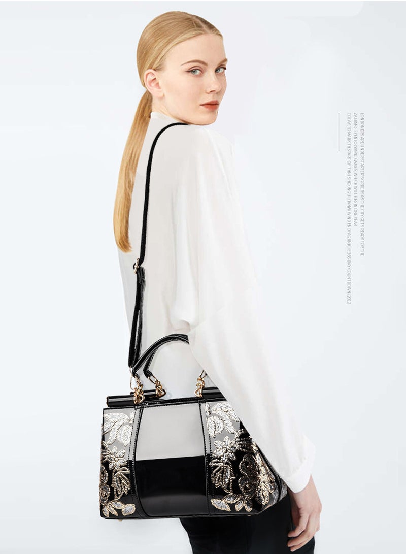 Moovant Fashionable Patent Leather Embroidered Shoulder Bag, Crossbody Bag, Handbag for Women Black  - Image 2