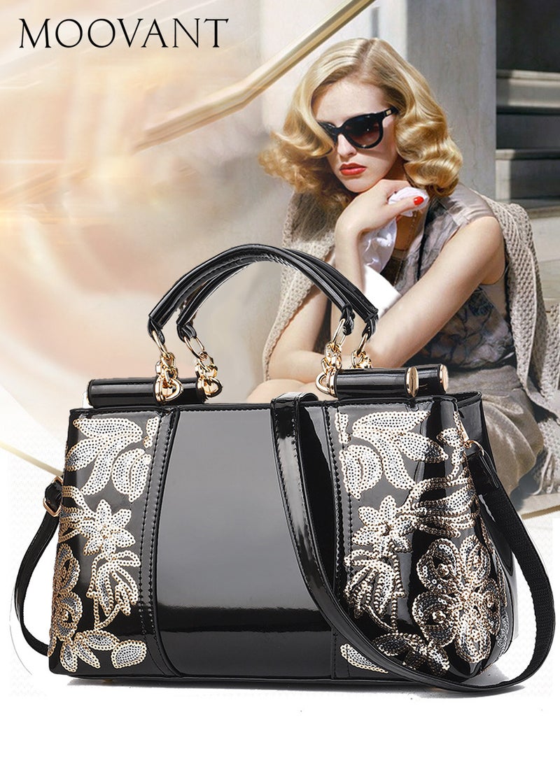 Moovant Fashionable Patent Leather Embroidered Shoulder Bag, Crossbody Bag, Handbag for Women Black  - Image 1