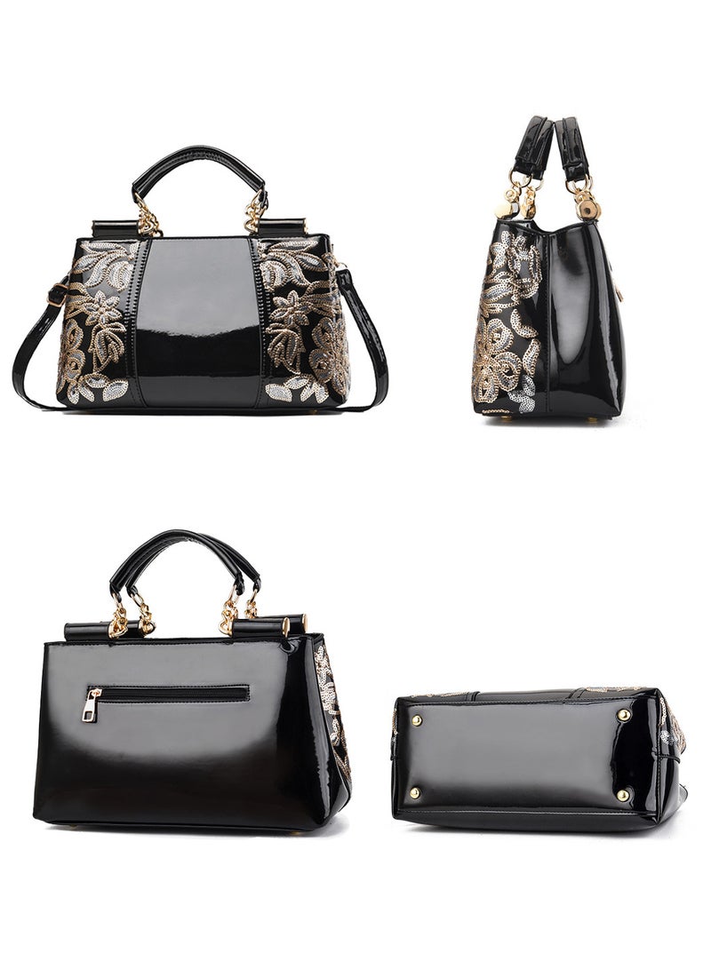 Moovant Fashionable Patent Leather Embroidered Shoulder Bag, Crossbody Bag, Handbag for Women Black  - Image 3