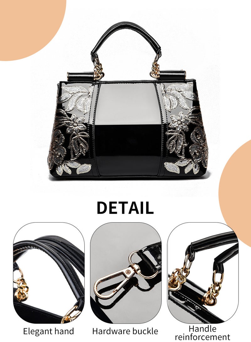 Moovant Fashionable Patent Leather Embroidered Shoulder Bag, Crossbody Bag, Handbag for Women Black  - Image 5