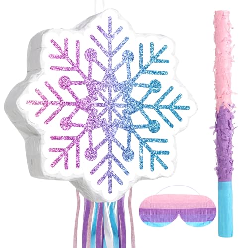 Harrycle Winter Piata Christmas Wonderland Themed Piata with Blindfold Bat for Christmas Princess Winter Theme Birthday Party Supplies DecorationsPink BlueSnowflake - Image 1