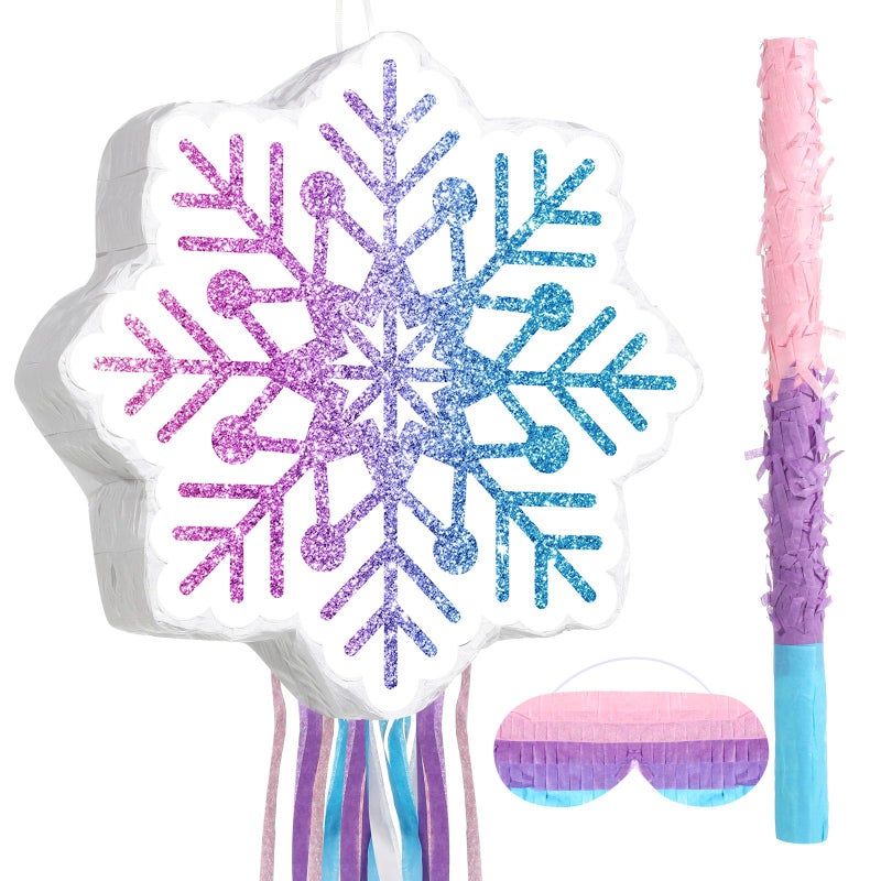 Harrycle Winter Piata Christmas Wonderland Themed Piata with Blindfold Bat for Christmas Princess Winter Theme Birthday Party Supplies DecorationsPink BlueSnowflake - Image 3