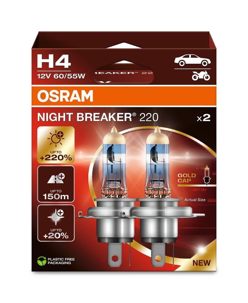 OSRAM NIGHT BREAKER 220 H4 220 Brighter Halogen Headlight Lamp 64193NB2202HB Folding Box 2 Lamps