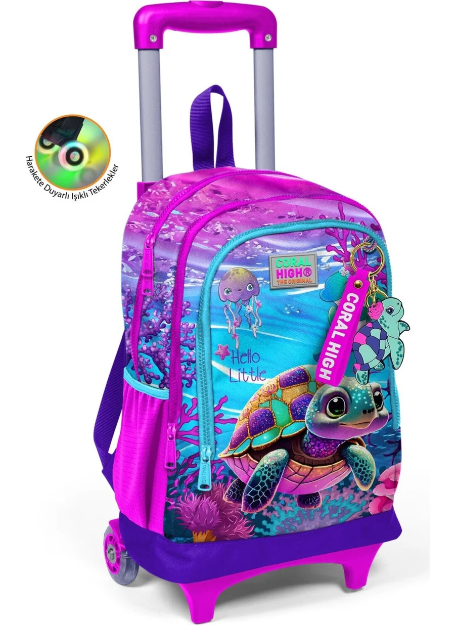 كورال هاي Kids Pink Purple Turtle Patterned Three-Compartment School Backpack 23956