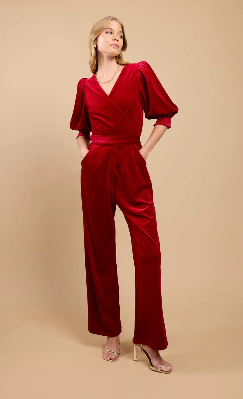 Ruby Red Velvet Wide Leg Jumpsuit