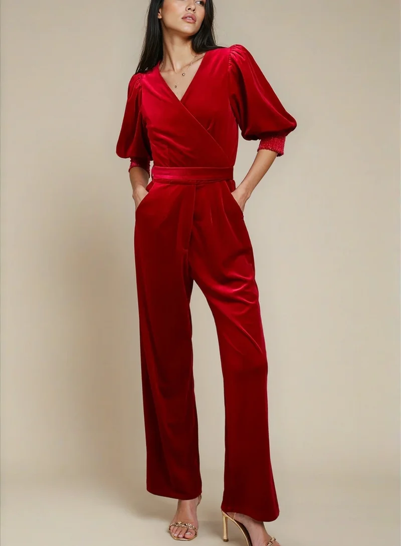 Ruby Red Velvet Wide Leg Jumpsuit