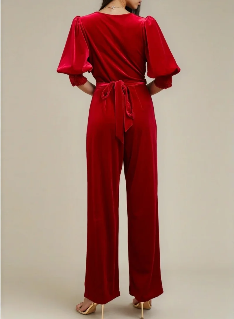 ليتل مسترس جمبسوت أحمر مخملي واسع الأرجل