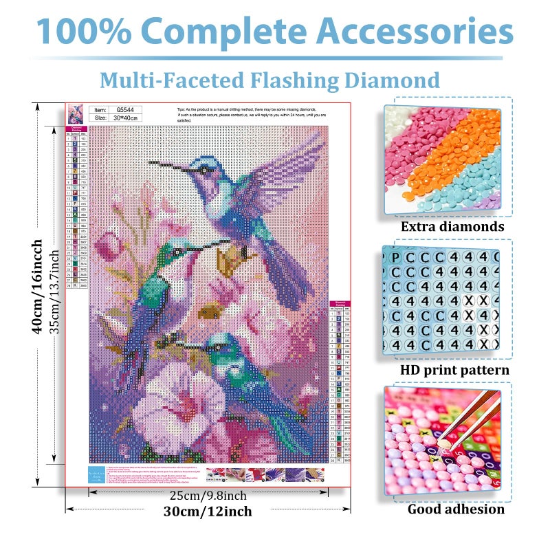 hkejoi Hummingbird Diamond Art Kits for Adults, Hummingbird Diamond Painting, 5D Round Full Drill Gem Art Kits DIY Crafts for Home Decor Gift 12x16 Inch - Image 3