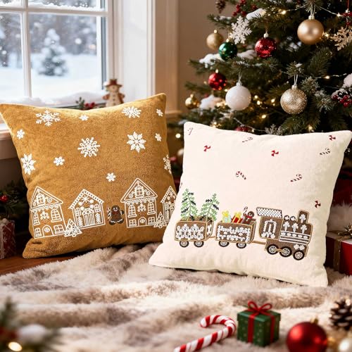 Lanpn 20x20 Christmas Pillow Covers Set of 2 Embroidery Gingerbread Man House Decorative Holiday Pillowcase Pillow Case Cushion 20 x 20 for Indoor Home Bedroom Sofa Couch Xmas Decor - Image 1