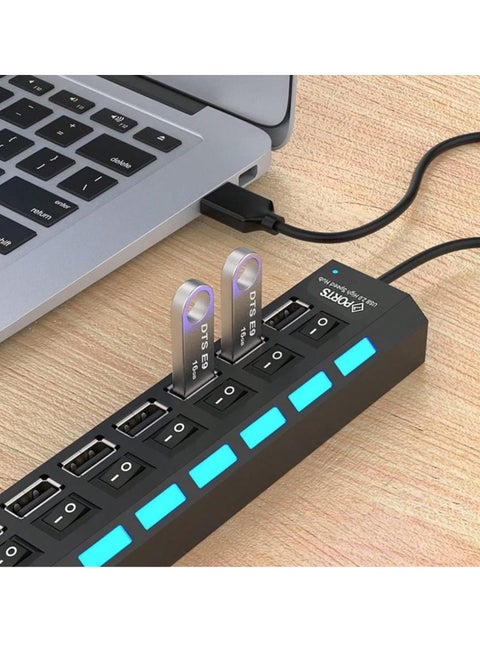 7-Port USB 2.0 Hub - High-Speed 5Gbps Transfer, Independent Switches & LED Indicators, Compact & Portable, Multi-Device Compatible, Elegant Black Design, Ideal for Office & Home