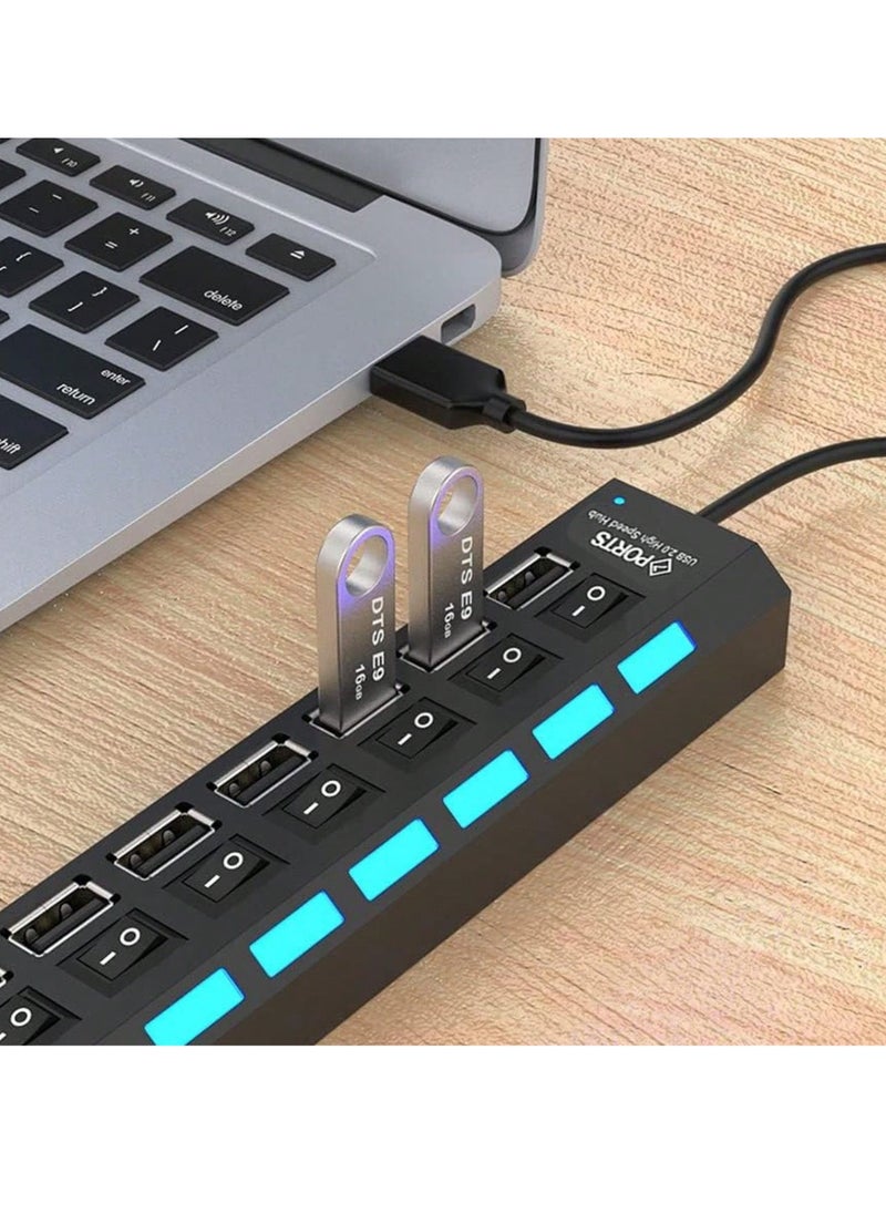 Generic 7-Port USB 2.0 Hub - High-Speed 5Gbps Transfer, Independent Switches & LED Indicators, Compact & Portable, Multi-Device Compatible, Elegant Black Design, Ideal for Office & Home  - Image 1
