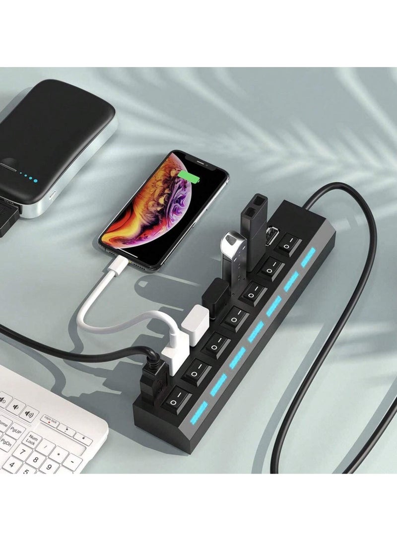Generic 7-Port USB 2.0 Hub - High-Speed 5Gbps Transfer, Independent Switches & LED Indicators, Compact & Portable, Multi-Device Compatible, Elegant Black Design, Ideal for Office & Home  - Image 2
