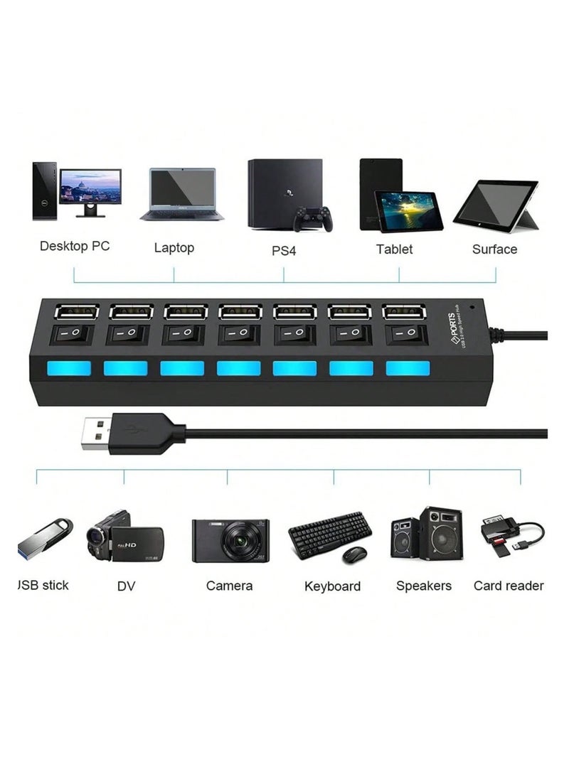 Generic 7-Port USB 2.0 Hub - High-Speed 5Gbps Transfer, Independent Switches & LED Indicators, Compact & Portable, Multi-Device Compatible, Elegant Black Design, Ideal for Office & Home  - Image 3