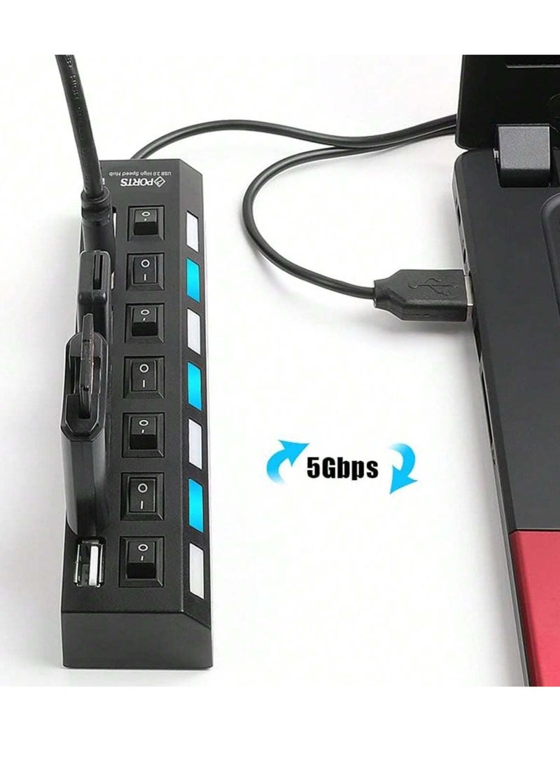 Generic 7-Port USB 2.0 Hub - High-Speed 5Gbps Transfer, Independent Switches & LED Indicators, Compact & Portable, Multi-Device Compatible, Elegant Black Design, Ideal for Office & Home  - Image 4