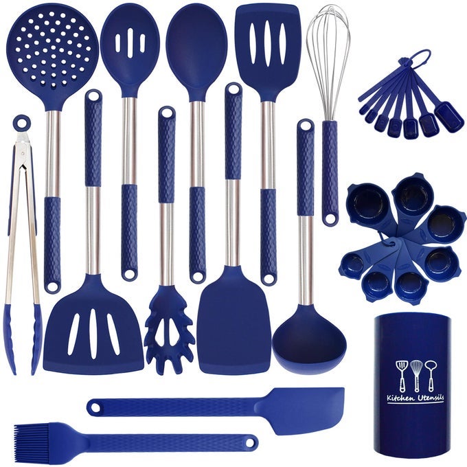 SILICONE KITCHEN UTENSILS SET 28 PIECES COOKING UTENSILS SET NONSTICK HEAT RESISTANCE SILICON WITH STAINLESS STEEL HANDLE ROYAL BLUE