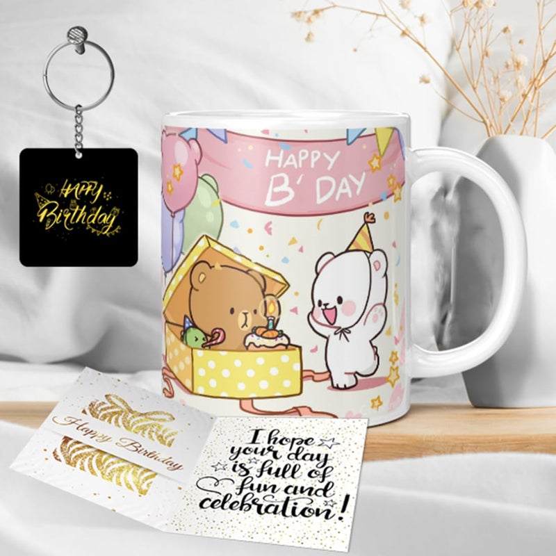 Cronkraft Happy Birthday Printed Combo Set White Mug Keychain Wishing Card 330 ml GFTBirthdaycombo41