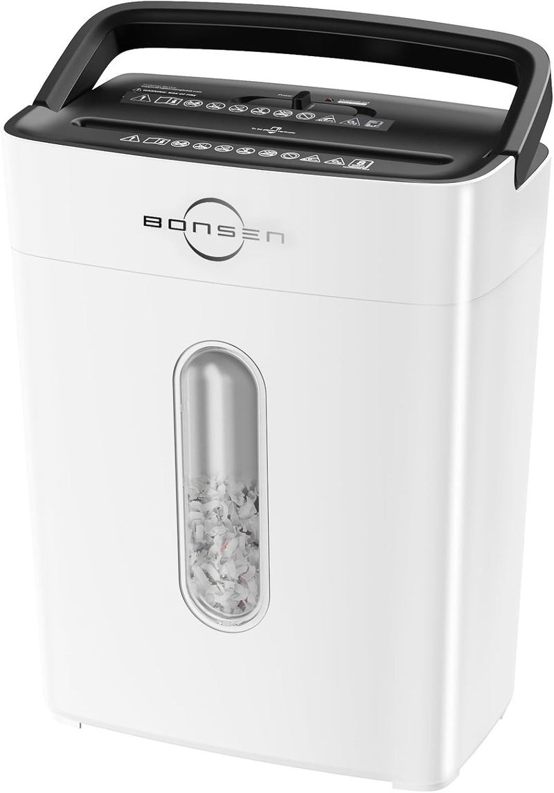 BONSEN Shredders for Home Office, 8-Sheet Cross Cut Credit Card Shredder, Small Paper Shredder for Home Use with 4 Gal Bin, P-4 High Security Level, White (S3101-W) - Image 1