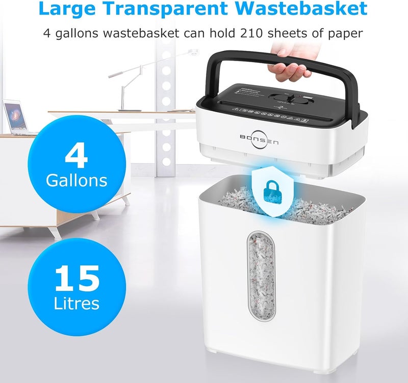 BONSEN Shredders for Home Office, 8-Sheet Cross Cut Credit Card Shredder, Small Paper Shredder for Home Use with 4 Gal Bin, P-4 High Security Level, White (S3101-W) - Image 4