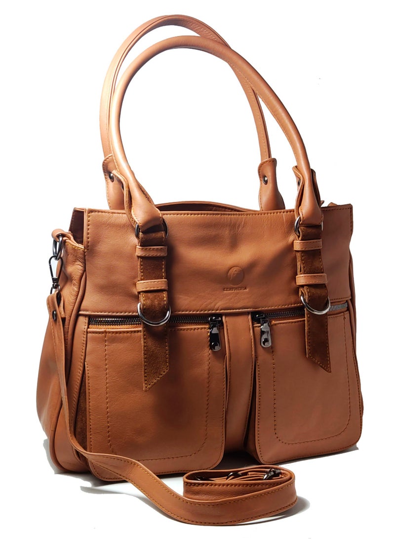 ليذريا  شنطة حريمي من الجلد الطبيعي الفاخر المطعم بالشمواه- كبيرة الحجم - Image 1